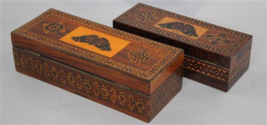A Victorian rectangular Tunbridgeware glove box, largest 9.5in.